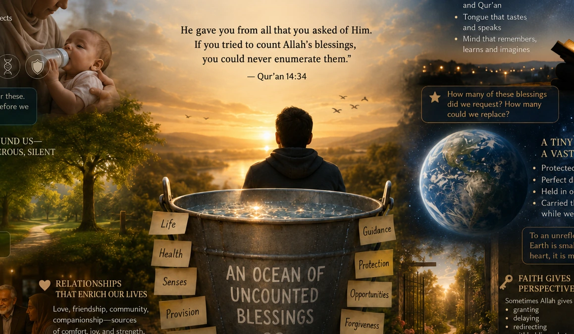 A reflective scene at sunset with a bucket representing uncounted blessings