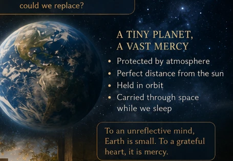 Earth as a tiny planet carried through a vast universe