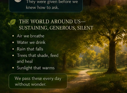 Air, water, rain, trees, and sunlight sustaining life